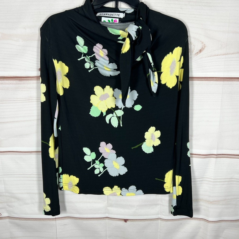 Bernadette Top Womens EU 40 US 8 Black Floral Knit Blouse Tie Neck Long Sleeve - Picture 1 of 13